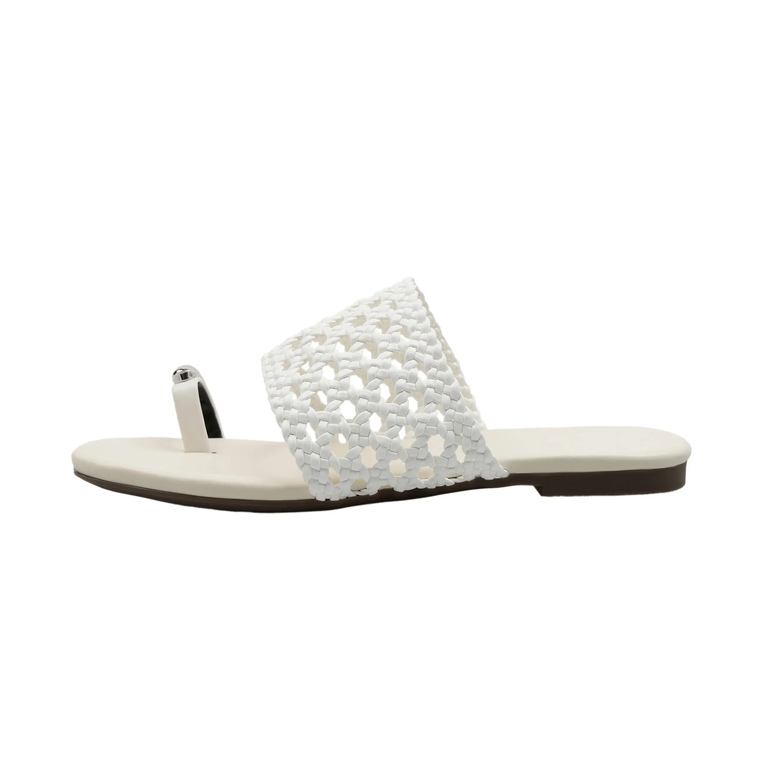 

Arden Furtado Summer Holiday style Microfiber weaving Word slippers Round Hollow Flats Shoes Pinch toe beach Cool slippers