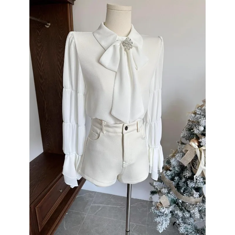 

Сплошной цвет, пуловер с бантом, белая шифоновая рубашка, женская рубашка с рукавами-колокольчиками, топ с длинными рукавами