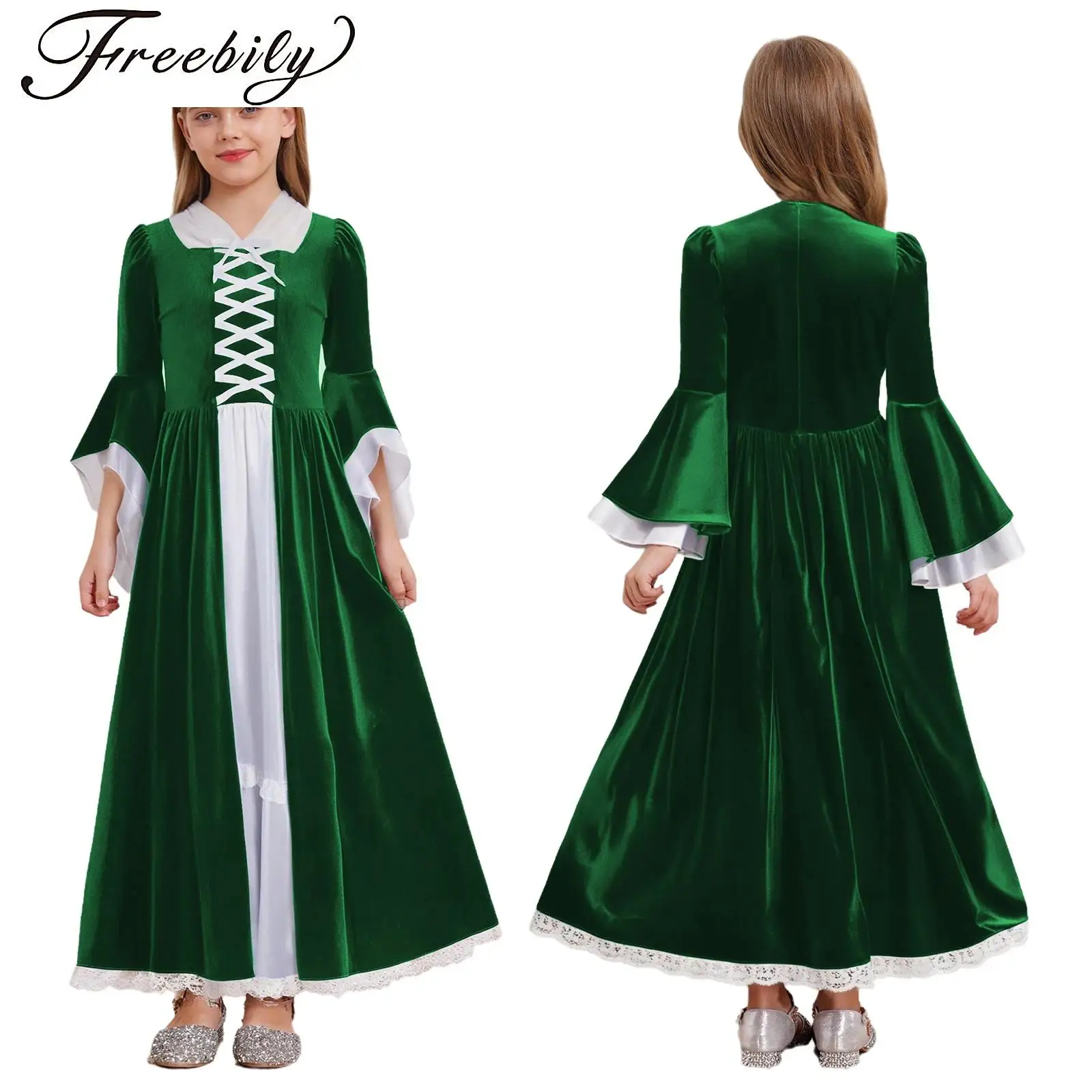 

Historical Girls Dress Medieval Renaissance Victorian Princess Gown Long Bell Sleeve Lace Trim Maxi Dress Robe Halloween Cosplay
