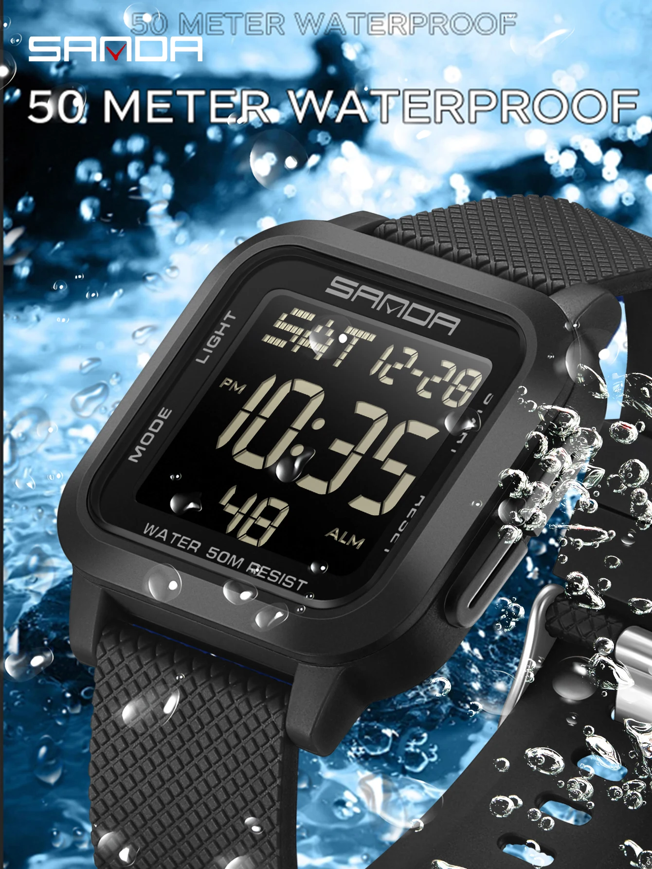 SANDA Waterproof Casual LED Digital Watch Mens Multifunctional Timing Electronic Clock Calendar Alarm Military Square Watch