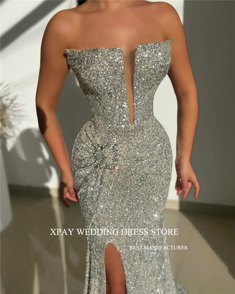 XPAY Spparkly Silver Glitter Mermaid Evening Dresses Split Strapless Dubai Women Prom Gowns Long Formal Occasion Party Dress