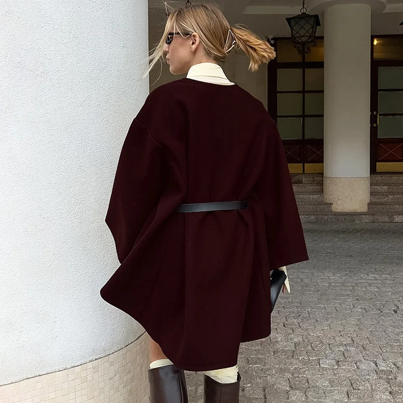Ticketsx Women Cape Wool Coats Elegant Belt Loose Patchwork Jacket Coat Solid Autumn Winter Commute High Street Female Warm Coat