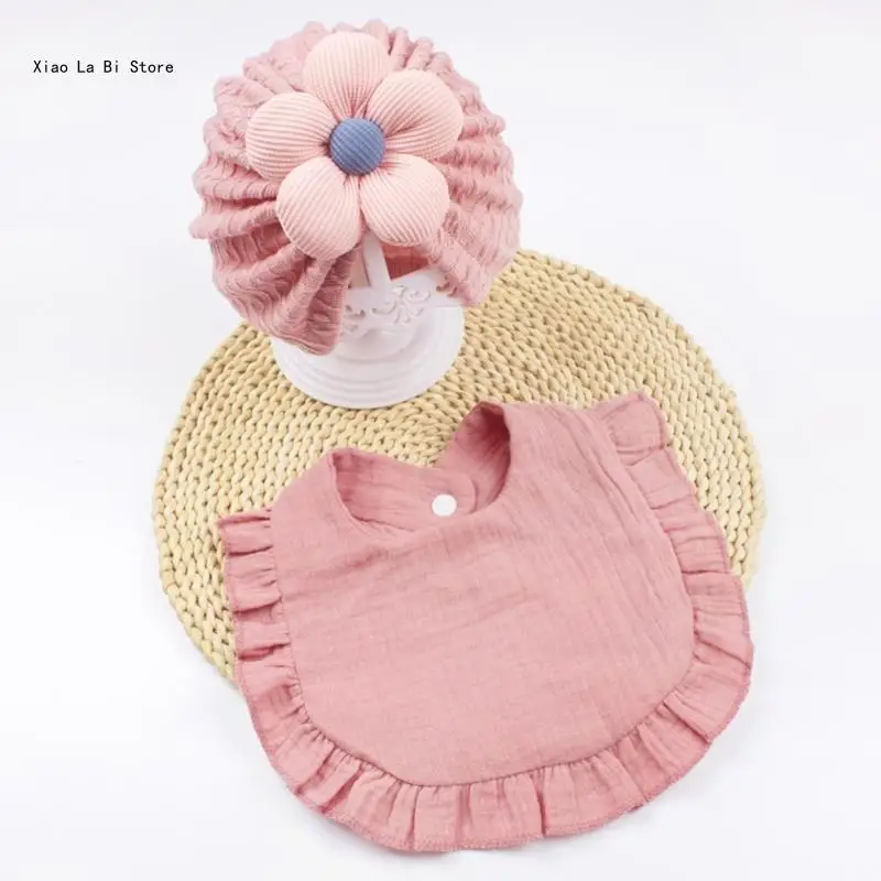 유아 Turban Hat Ruffle Burp Cloth 세트 0-2Y 유아용 침 흘리는 간호 공급을위한 부드러운 통기성 스냅 턱받이 XXFD