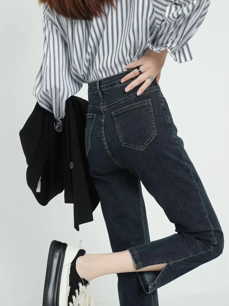 

Джинсы женские с высокой талией и разрезом, эластичные, на весну-осень, укороченные, прямые, из хлопкового стрейч-денима, маленький размер