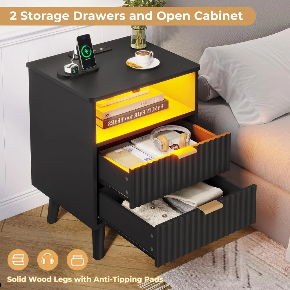 VIAGDO مجموعة منضدة مخددة مكونة من قطعتين مع قاعدة شحن وأضواء LED، مجموعة حامل ليلي حديث 2 مع درجين وتخزين مفتوح #3