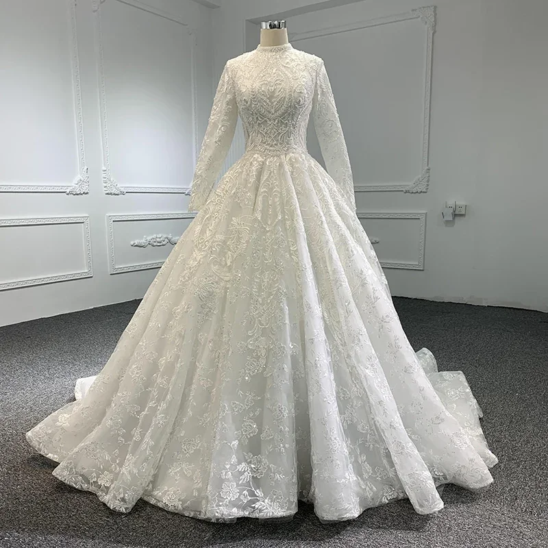 

Customized Elegant Muslim Ball Gown Wedding Dresses Long Sleeve Back Up Lace Beaded Bride Gowns for Women's Vestidos De Novia
