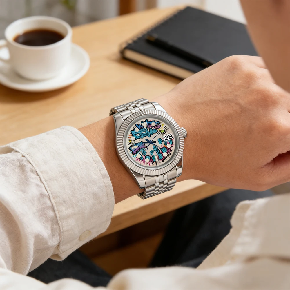 Luxury Watch china NH35 36mm/39mm case Graffiti watch men NH35 Watches dial Blue Text Dial Sapphire Glass Waterproof watch 10ATM view 5
