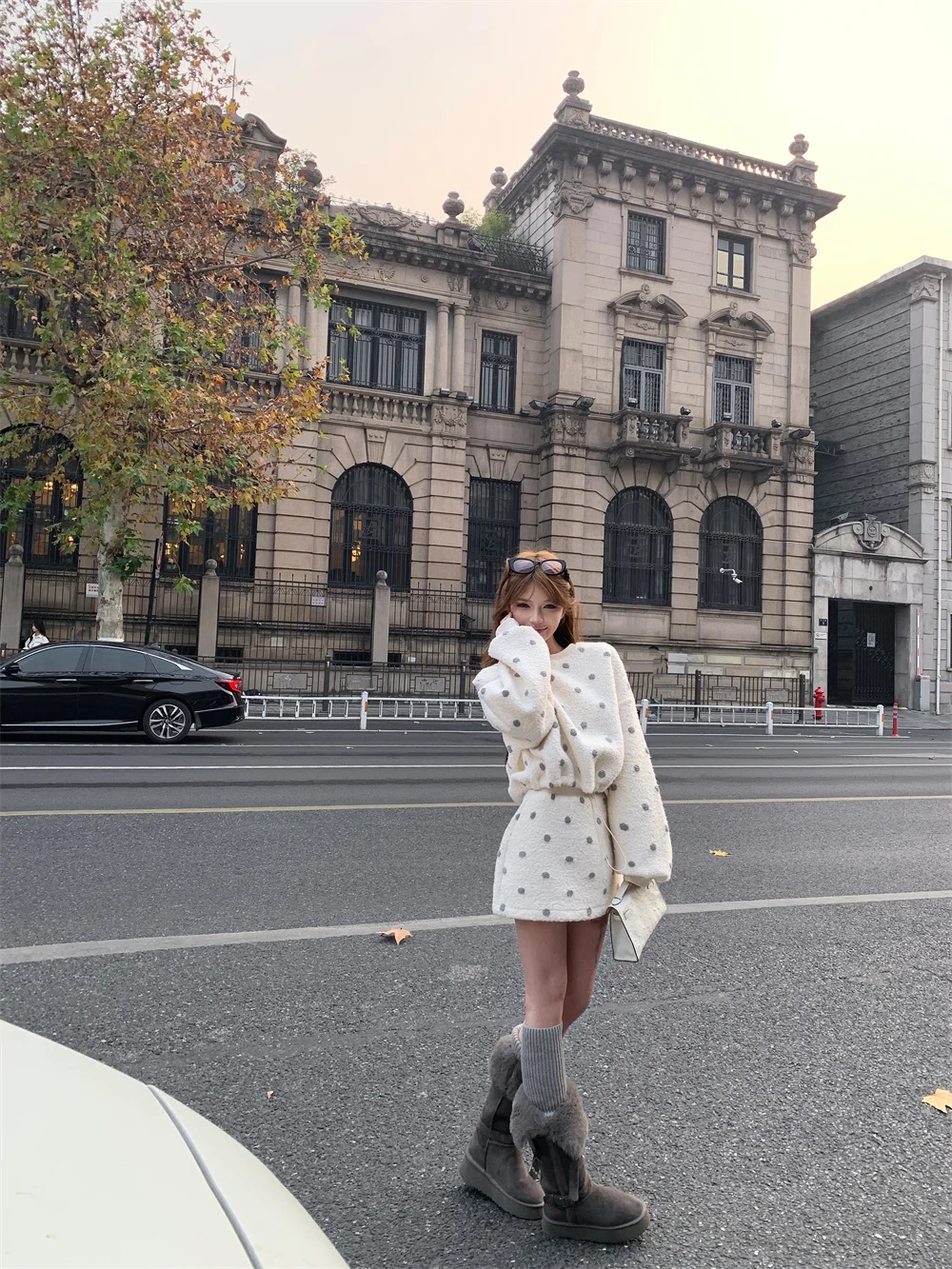 

White Lamb Fur Polka Dot Drawstring Hoodie Women's Winter Outfit Set High Waist Bodycon Skirt Two Piece Set Casual Commu...