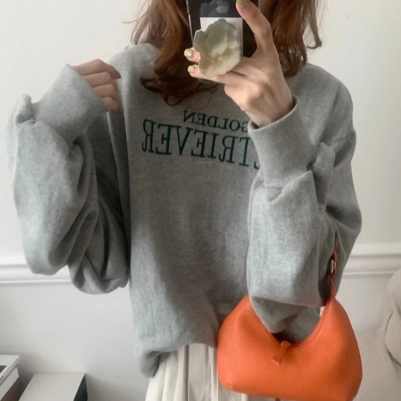 Chic Otoño Invierno perezoso Sle redondo Ne pulóver bordado pesado perro suelto puro algodón largo Sve sudadera Mujer