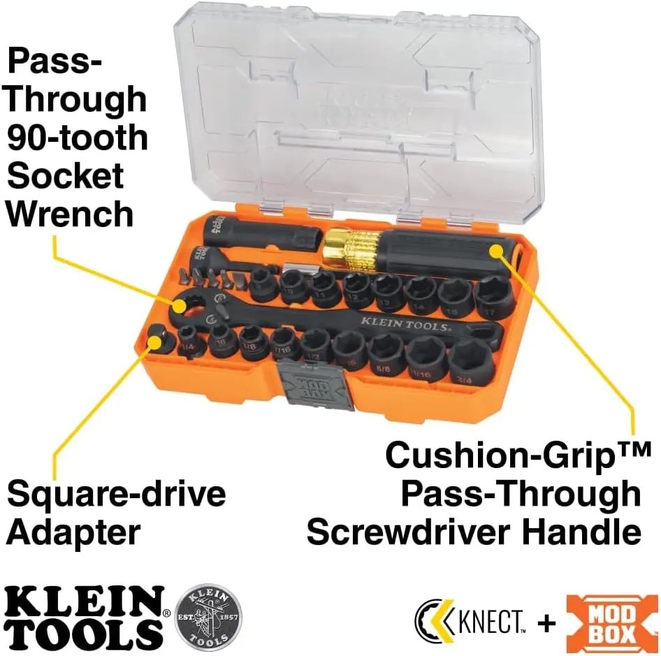 in Tools 65400Knect Knect Essential Pass Through Impact Socket Set, Sae And Metric, 90-Tooth Ratchet, Modbox Case, 3/8-Inch