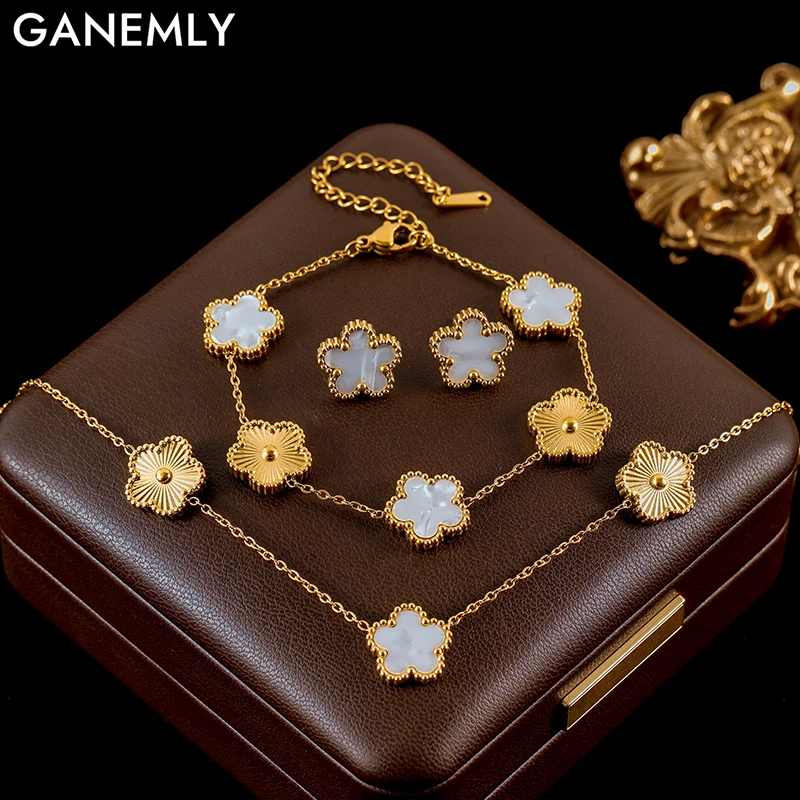 GANEMLY 316L Stainless Steel White Plum Blossom Plant Leaf Flower Set Reversible Necklace Earrings Bracelet Women Clover Jewelry