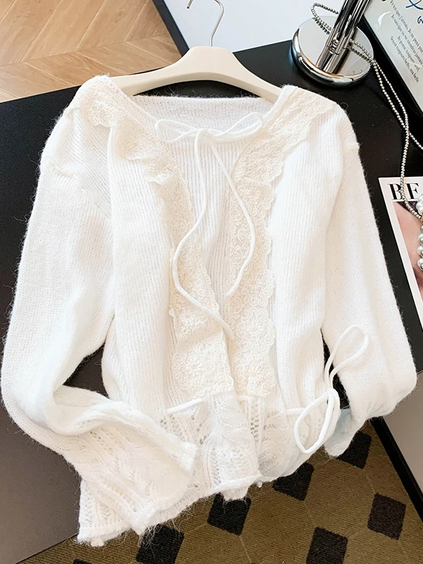

Женский вязаный свитер Sweet Sle Long Sve с кружевным лоскутным узором, осенний дизайн с завязками, регулируемый верхний узел...