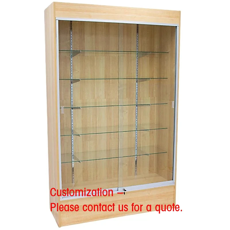 

custom.Hot Selling Freestanding Retail Shop Display Wood and Tempered Glass Wall Showcase MDF Material
