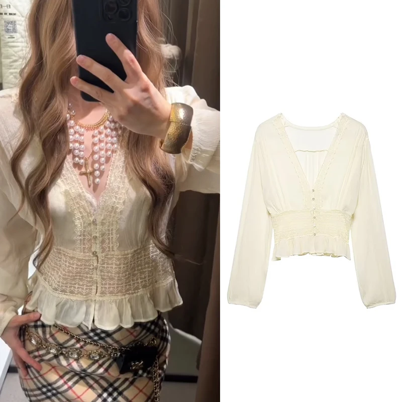 

Женская блузка 2026: Новая модная весенне-летняя кружевная полупрозрачная блузка для женщин, повседневный шикарный топ с индивидуальным стилем