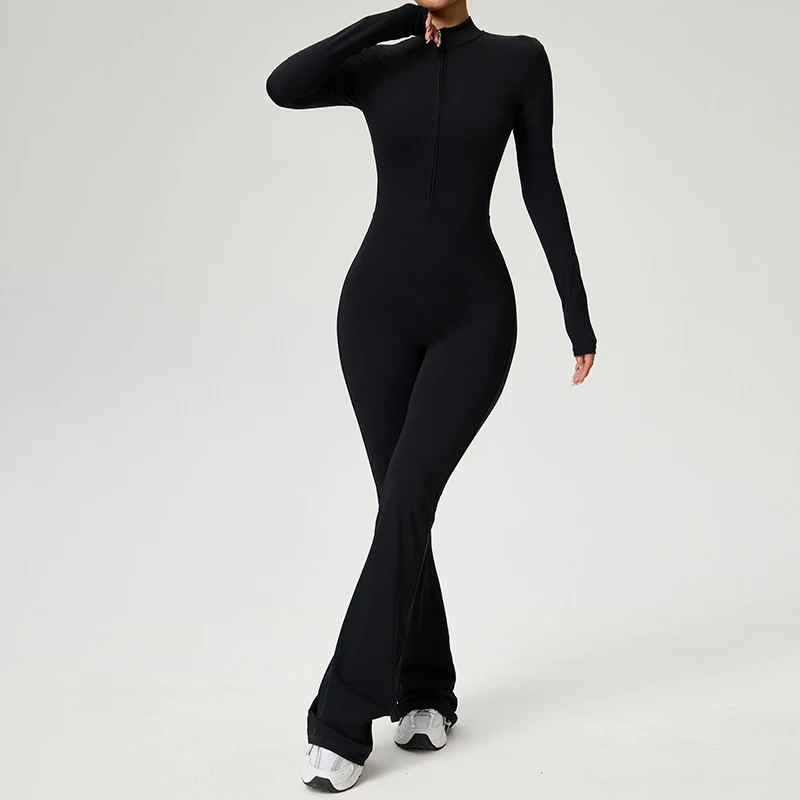 New Zipper Jumpsuit Flared Pants Women Clothing Sportswear Gym Yoga Sport Sets Spandex Nylon Workout Sets Women Tracksuit