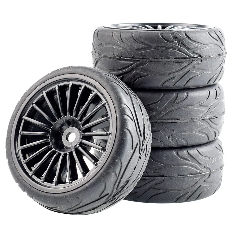 4Pcs RC Car Wheel Rim and Tire Touring Flat Run Tire  For 1/10 Scale Models Room Rally CarsTraxxas HSP Tamiya HPI Kyosho
