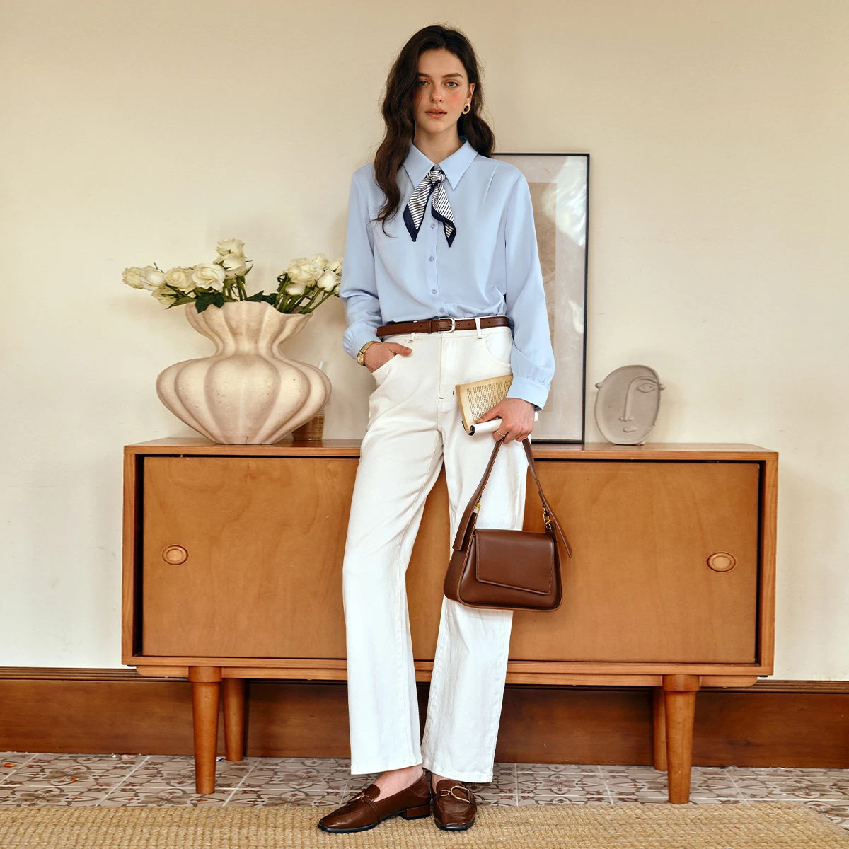 OLrain Elegant Simple women's Shirts 2025 Autumn New Long Sleeve Loose Shirt Solid Scarf-Neck Women's Blouses Tops O57QC000290