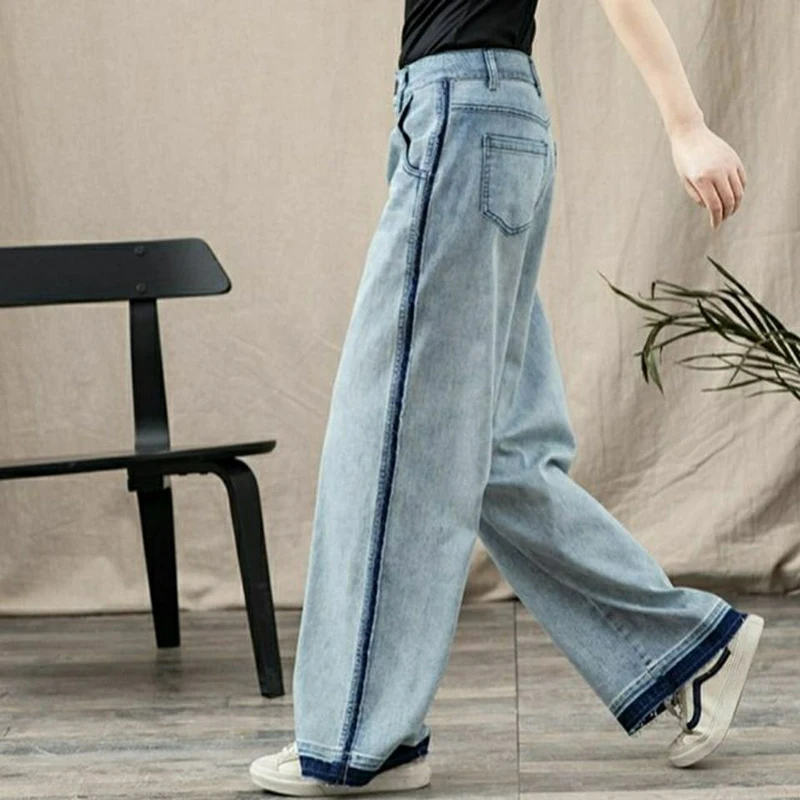 Imagem -04 - Calça Jeans de Algodão de Cintura Alta Feminina de Perna Larga Listra Lateral Jeans Casual Solto Nova Moda Coreana Primavera Verão 2023