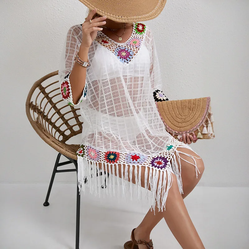 

Crochet Flowers Beach Dress 2025 Summer Chiffon Beachwear Short Sleeve Beach Outfits Women Outing Loose Pullover Swimsuit Covers