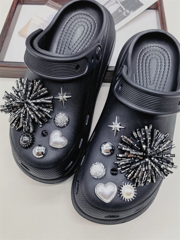 12PCS Shiny Firework Starbust Shoe Charms Accessories Silvery Heart Clogs Shoe Buckles DIY Decorations Round Beads Shoe Clips