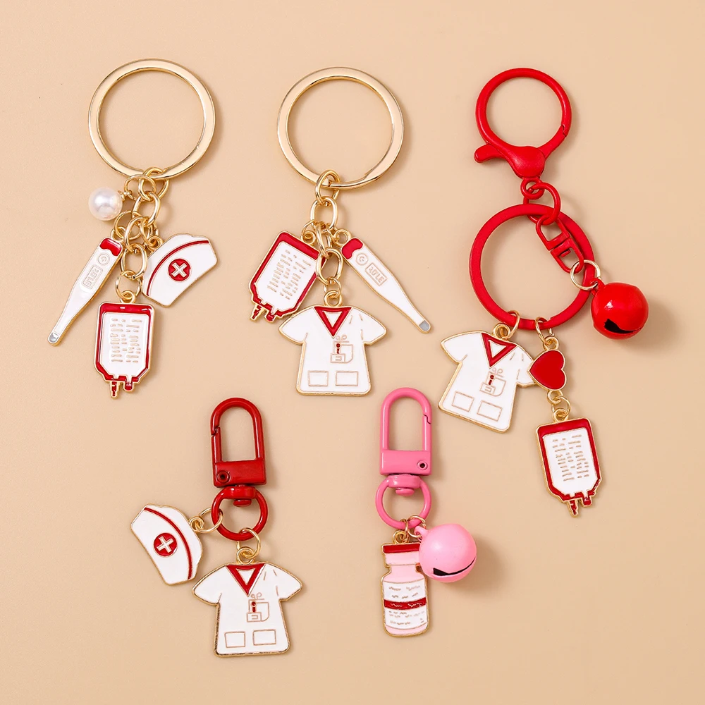 Cute Enamel Doctors Medical Infusion Bottles Keychain Nurse Uniform Key Ring for Women Girls Handbag Pendants DIY Jewelry Gift
