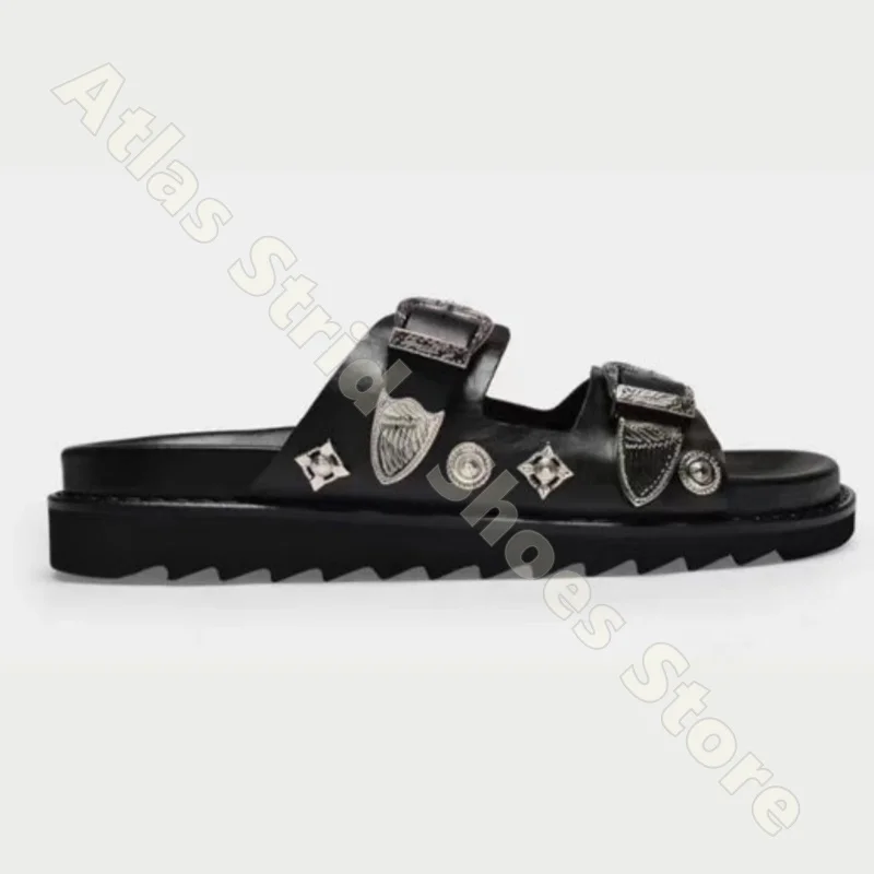 

Punk Style Women Black Leather Double Strap Sandals Crystal Rhinestone Buckle Gothic Punk Slippers Open Toe Chunky Flat Slides