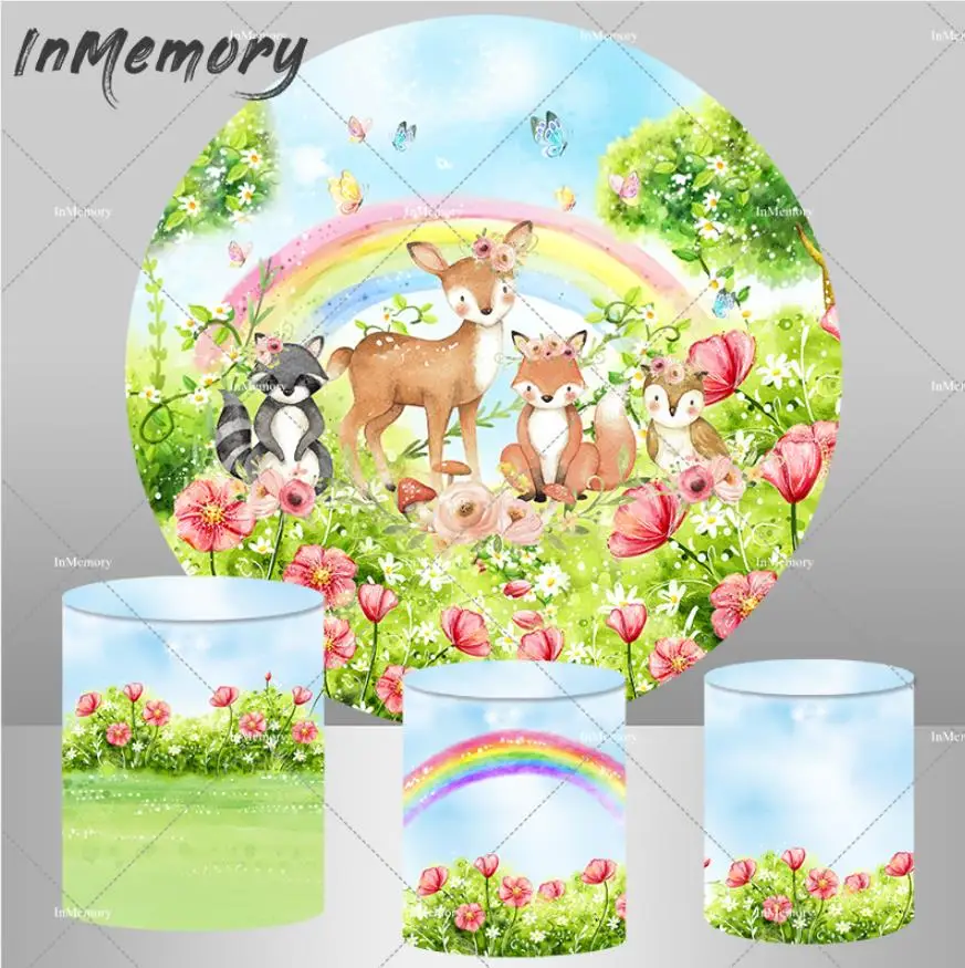 

Baby Shower Round Backdrop Cover Animals Spring Flower Garden Circle Background Woodland Fox Deer Kids Birthday Party Decor