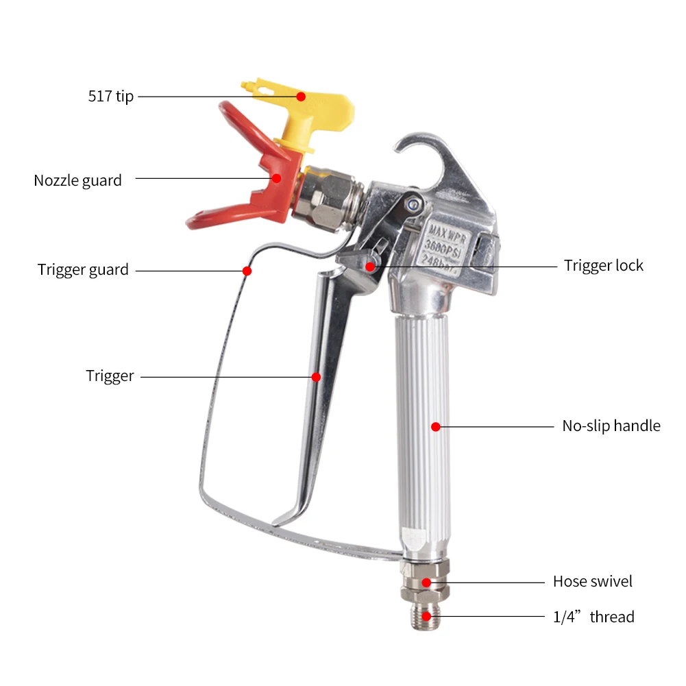 Airless Spray Gun with Tip Guard 517 Tip for Airless Paint Sprayers 3600 PSI Swivel Joint Airless Paint Gun Aluminum Body