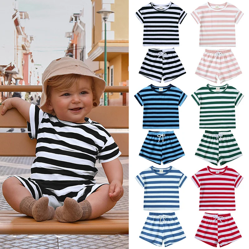 

Summer Kids Clothes Sets Unisex Comfortable Casual Striped Short Sleeve T-shirt Shorts Suits Baby Boys Girls Clothing Outfits