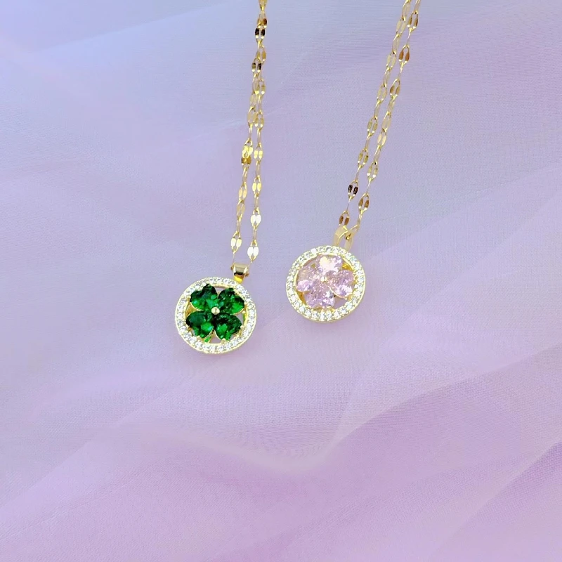 Fashion Charm Green Heart Necklace Classic Vintage Pink Flower Clover Heart Clavicle Chain Pendant Gift