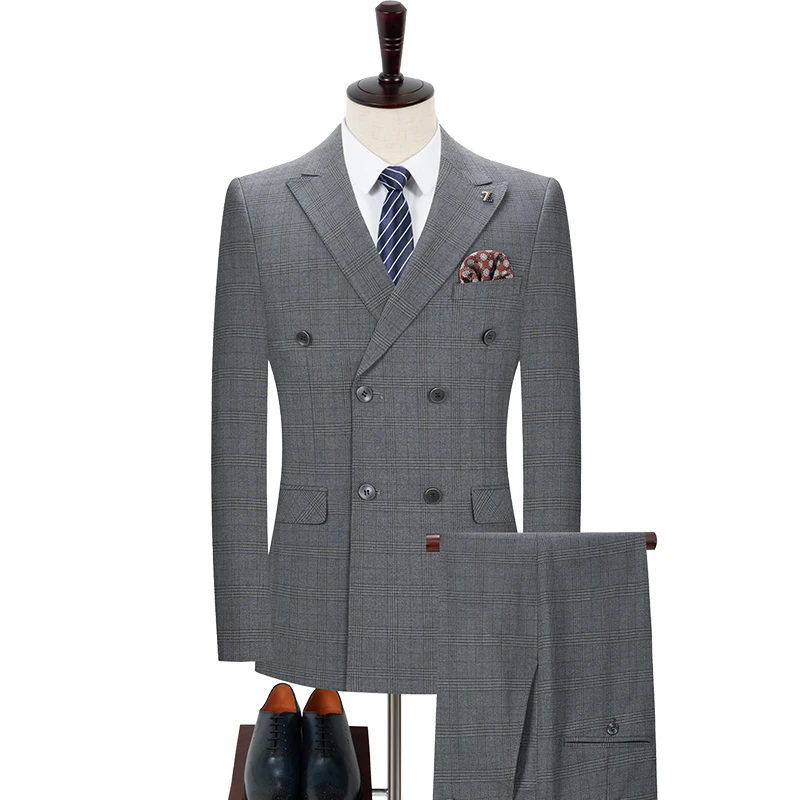 

New High Quality Fashion Business Men Double-breasted (suit + Trousers) Korean Version Slim Slit Small Suit Wedding Dress 2 Sets