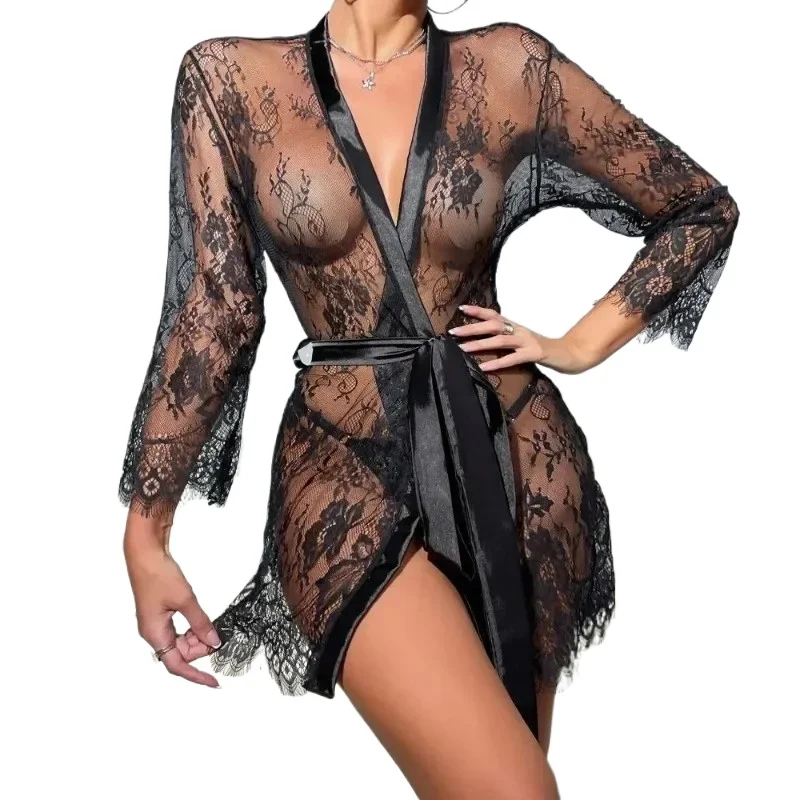 

Toucheart Sexy Lingerie Sexy Nightgown For Women See-Through Lace Printing Deep V-Neck Home Ultrathin Lace Up Nightgown Set New