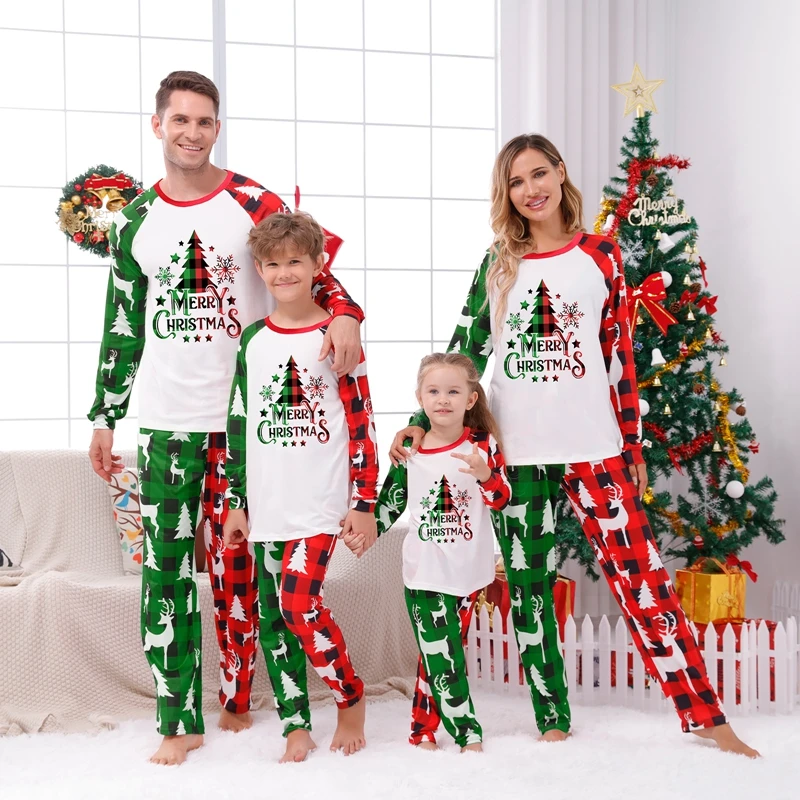 Combhasaki-ropa de descanso familiar, conjunto a juego con estampado de letras de árbol de Navidad, Tops de manga larga + pantalones a cuadros con cintura elástica, ropa de dormir