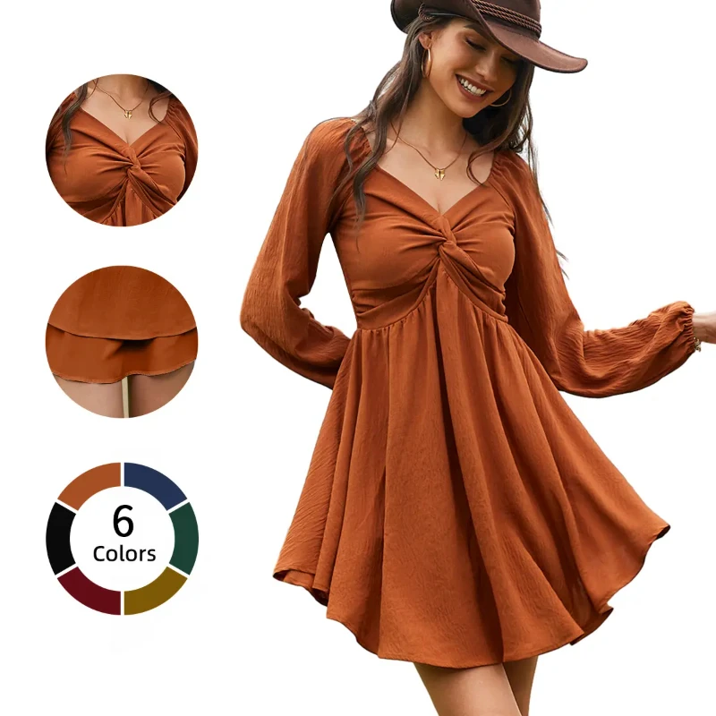 Women's Spring Sweetheart Neckline Knot Front Flowy Mini Chiffon Dresses , Lantern Sleeve, A-Line Cut, No Scratchy, No Sheer, Westernfashion, Family Photos, Church, Party, Casual, or Daily Wear, Summervibes Long Sleeve Womenswear