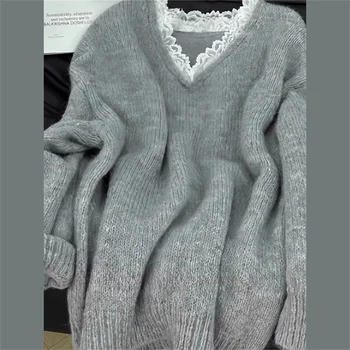 High-quality Korean Fashion Gray V-neck Lace Spliced Sweater Women's Autumn and Winter New Soft Knitted Pullover Loose Tops