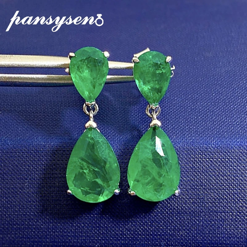 

PANSYSEN Charms 7*10MM Emerald Pear Cut Drop Earrings for Women 100% 925 Sterling Silver Fashion Fine Jewelry Earring Wholesale