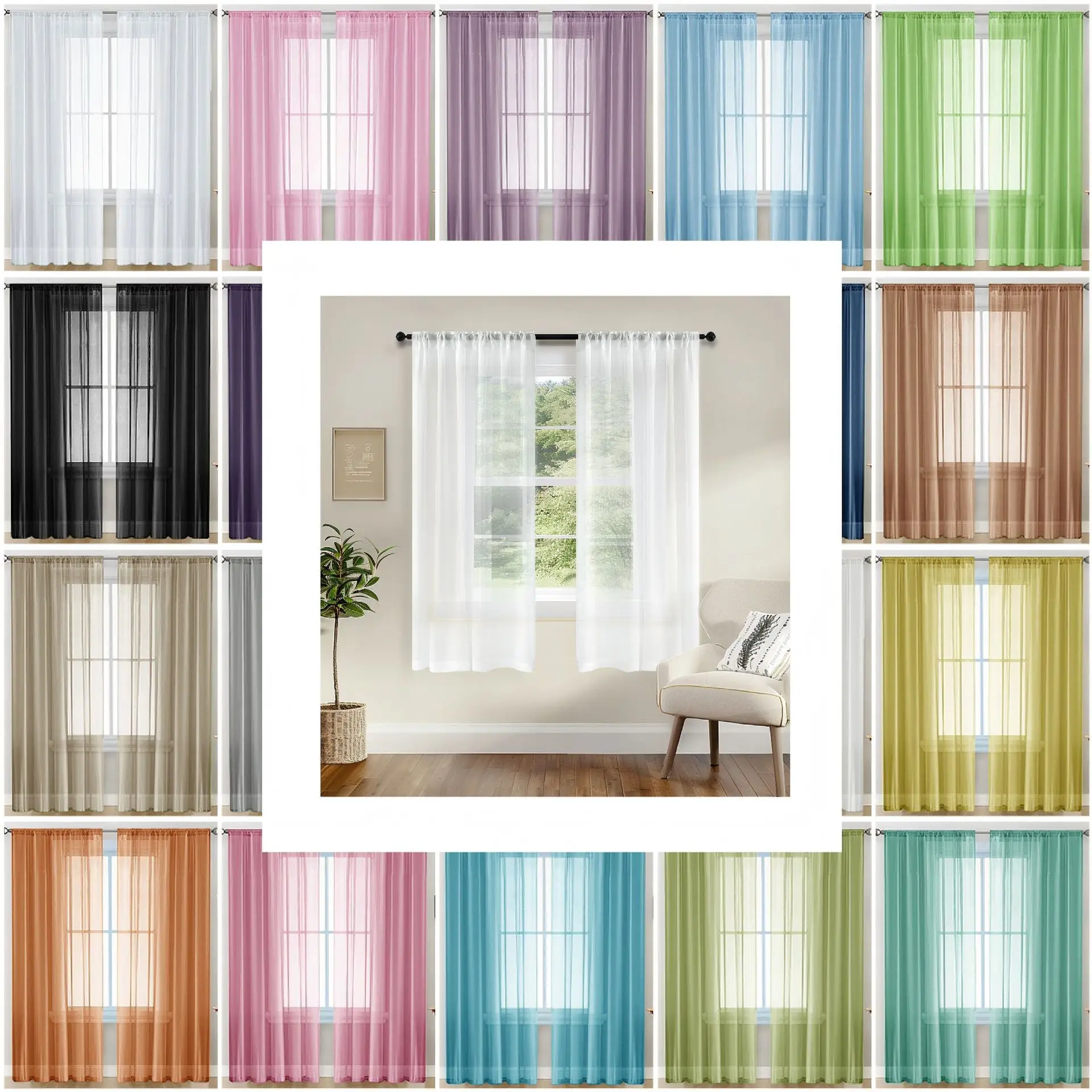 Terylene Sheer Curtains Pure Color Light Filtering Elegant Drapes for Living Room Small Apartment Villa Ready-made Window Tulle