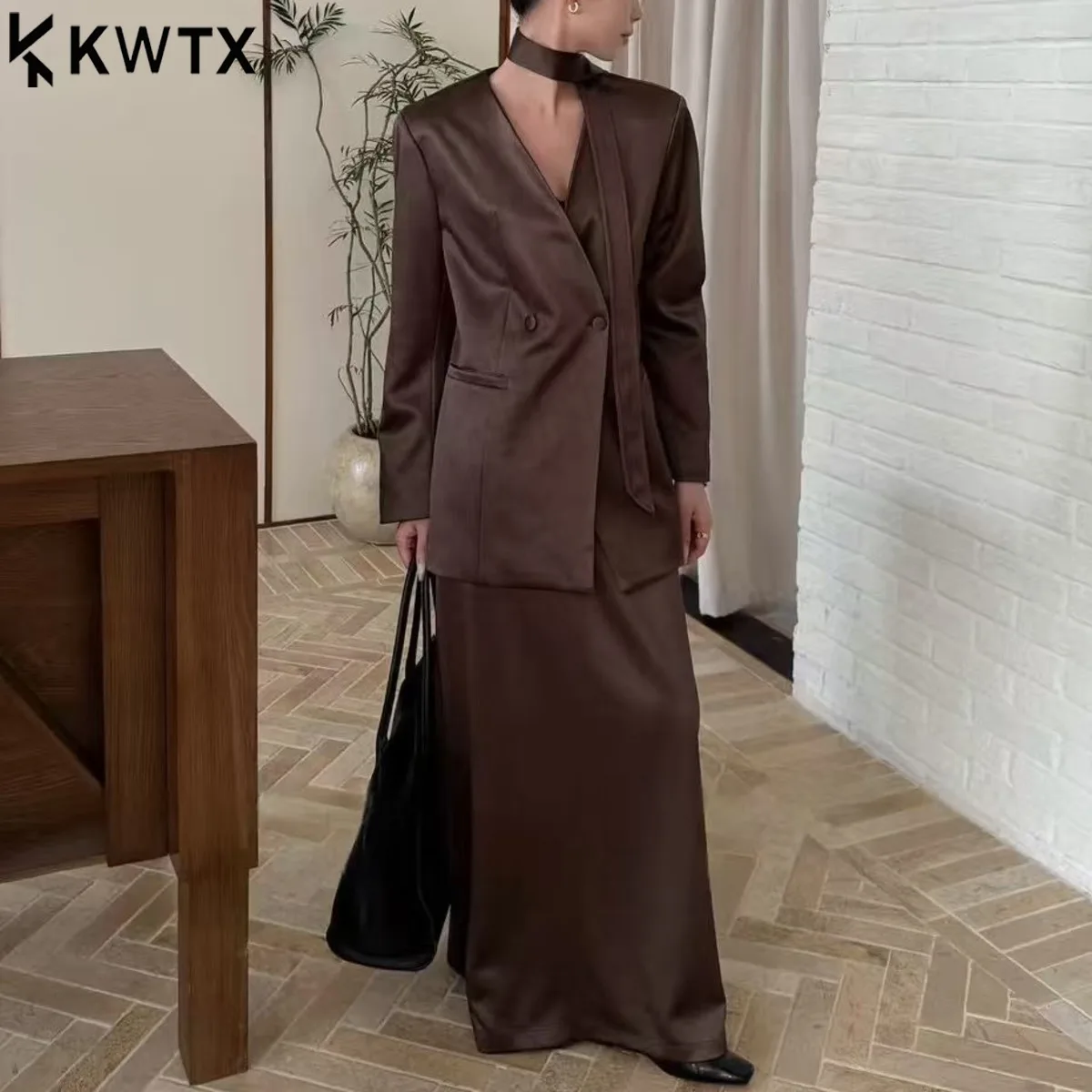 

KWTX 2025 New Elegant V-Neck Blazer & Straight Skirt Suit Set With Belt, Ladies Fashion, Trendy Elegant Chic Two Piece Outfit