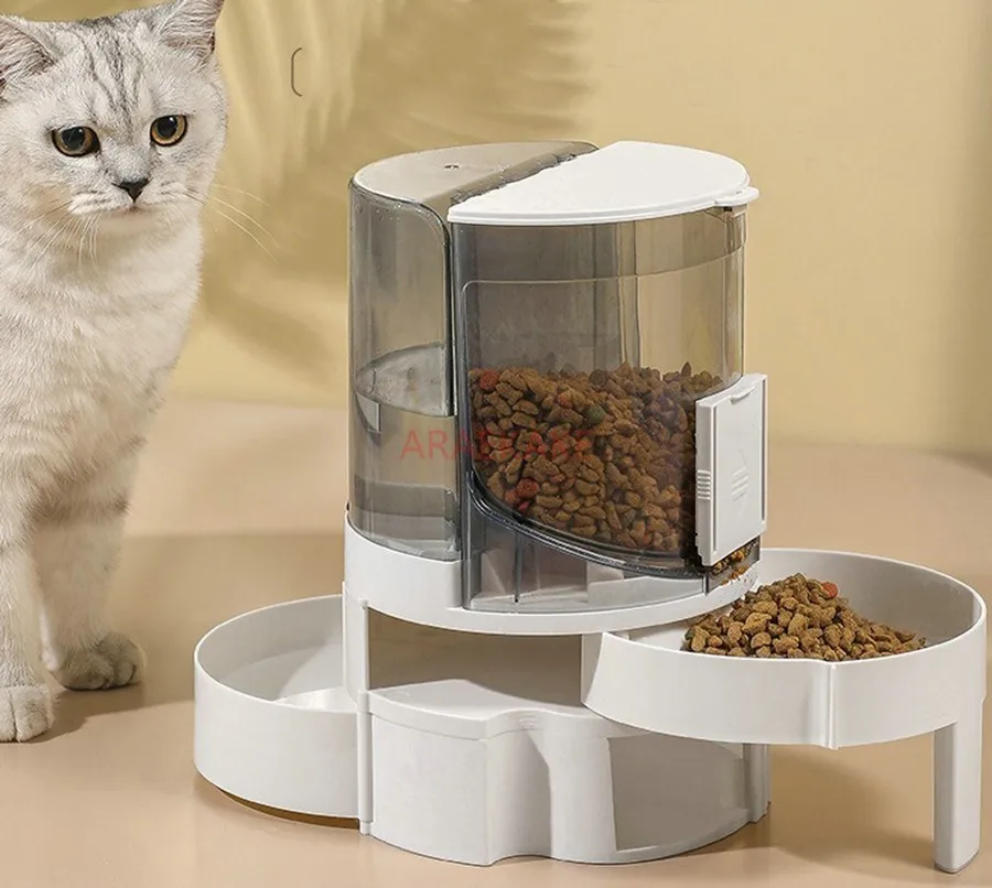 Cat automatic feeder, water dispenser, wet dry separation ladder, double-layer storage integrated pet cat basin