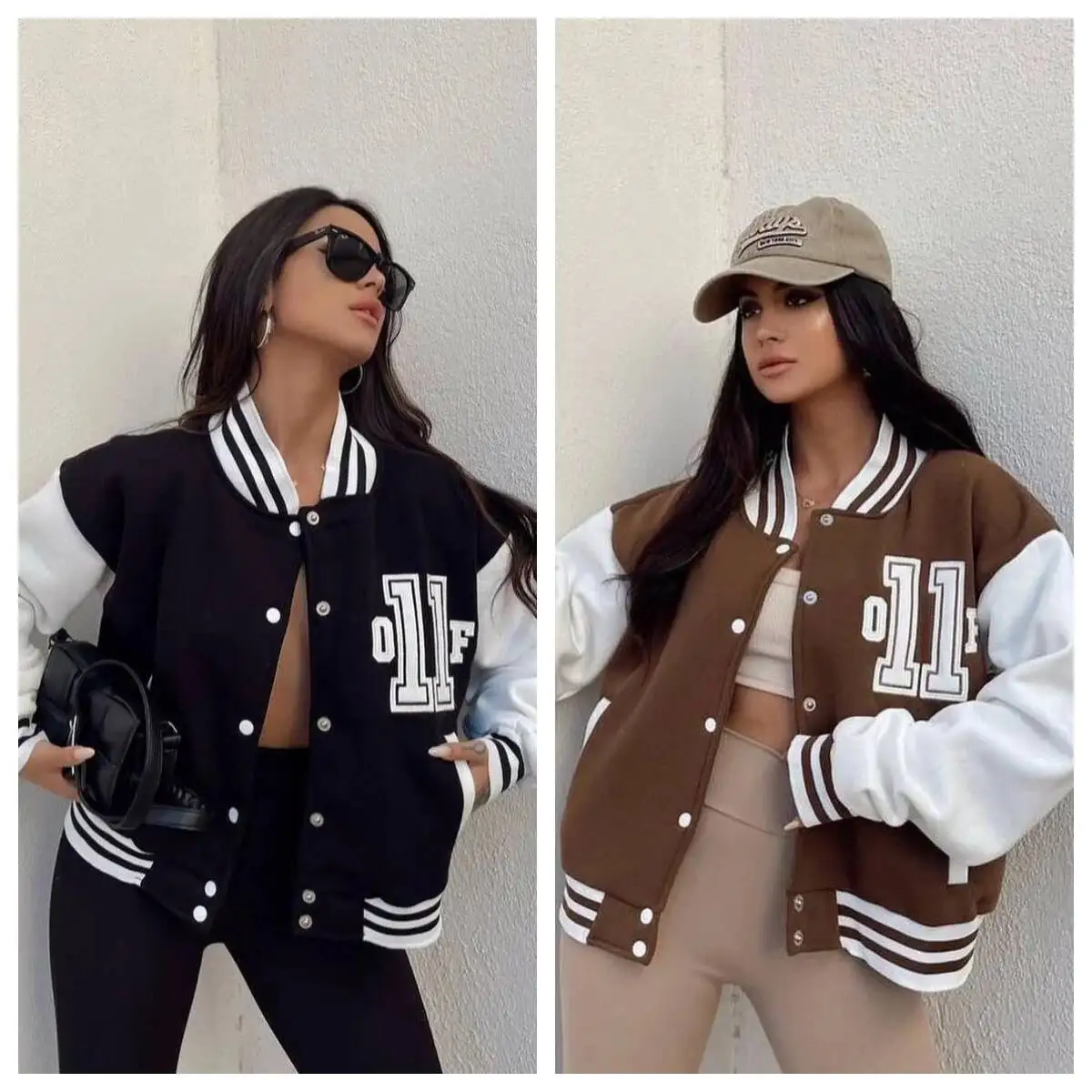 

Fall Winter Women Baseball Coat Letter Print Stand Collar Loose High Street Style Elastic Striped Cuff Fashion Jacket