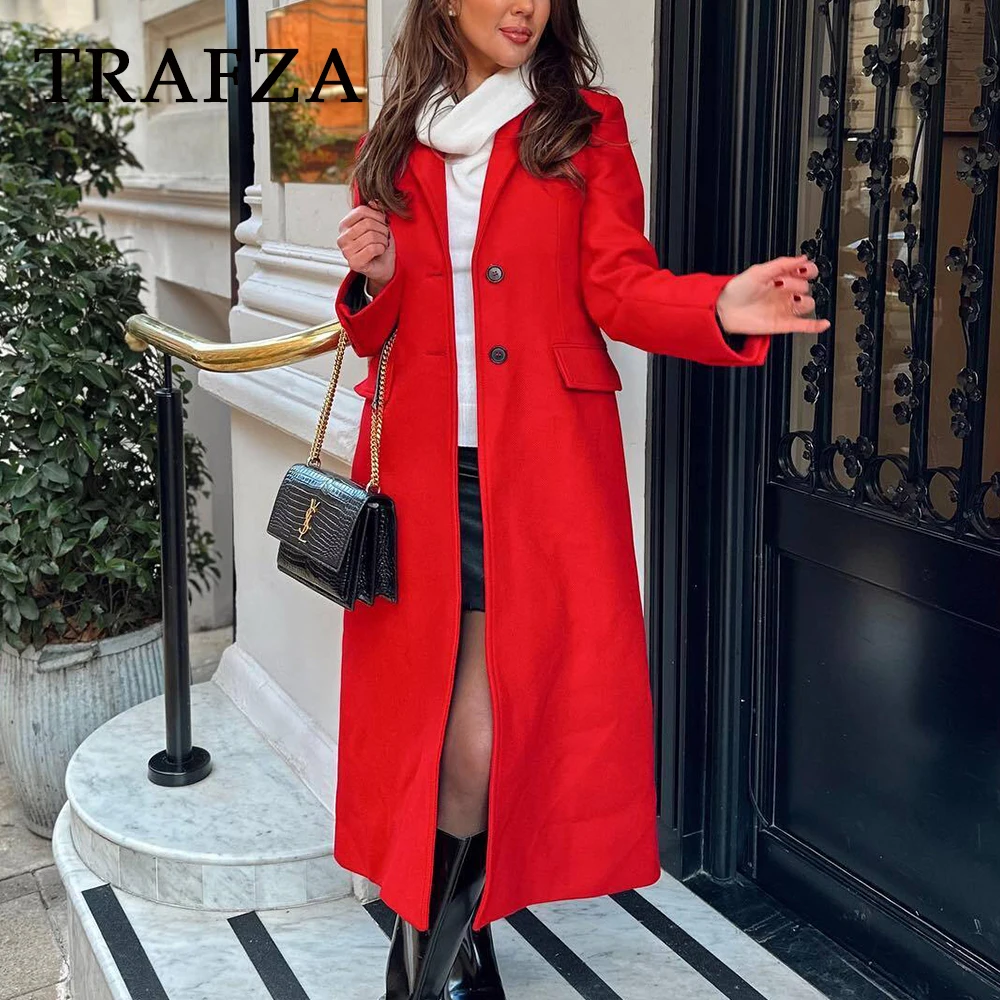 TRAFZA 2024 Autumn Winter Women Casual Long Coats Fashion Streetwear Solid Turn Down Collar Single Breasted Elegant Long Jackets