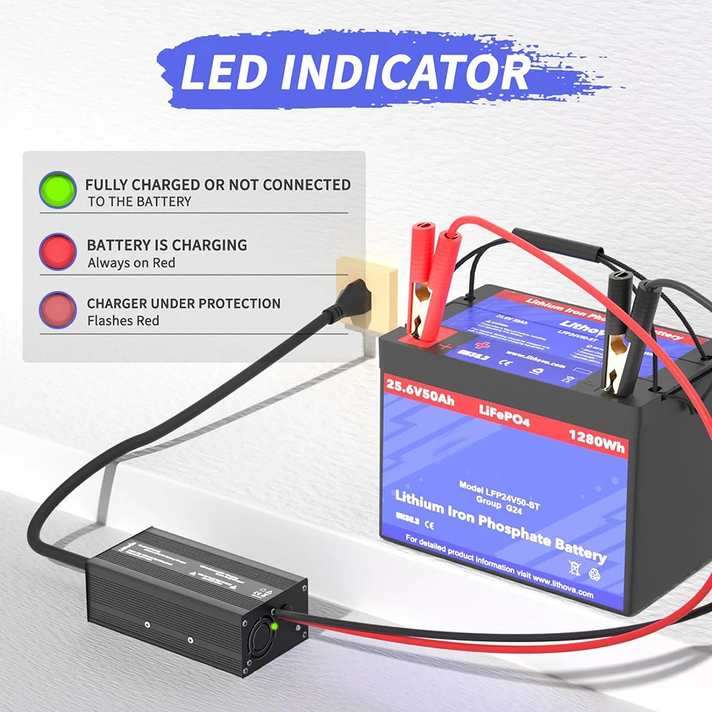 Lifepo4 리튬 충전기, 냉각 선풍기, 다중 보호 기능, 24V, 29.2V, 50A, 200V, 240V, 24V, 8S, Lifepo4 배터리