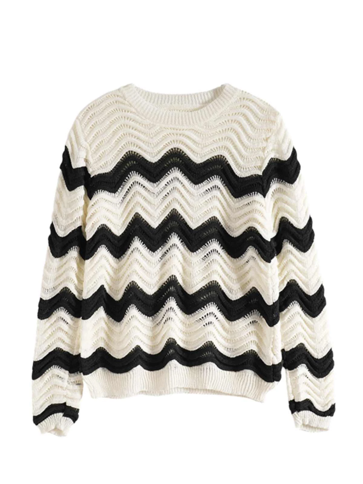 

Loose Women's round Ne Sweater Wave Pattern Casual Spring Autumn Mixblu Sweet Sle Regular Gauge Long Sve Thermal