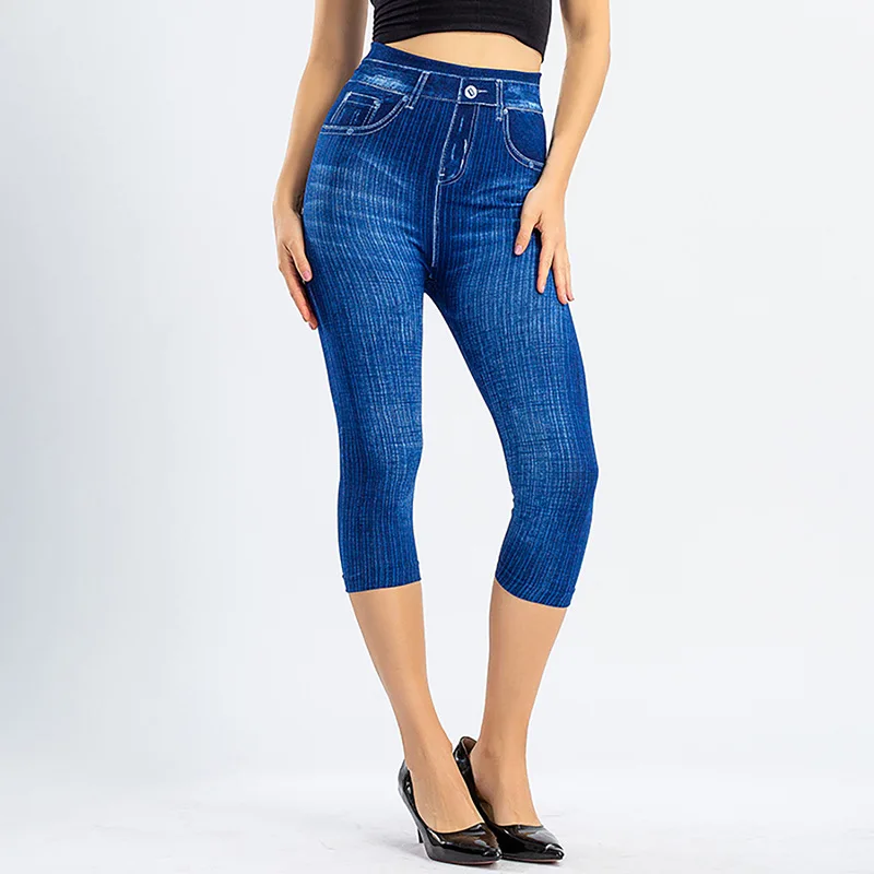 1 stks Womens Denim Print Legging Vrouwelijke Mode Slanke Legging Faux Jeans Legging Lady Stretch Gedrukt Leggins Broek Capri Broek