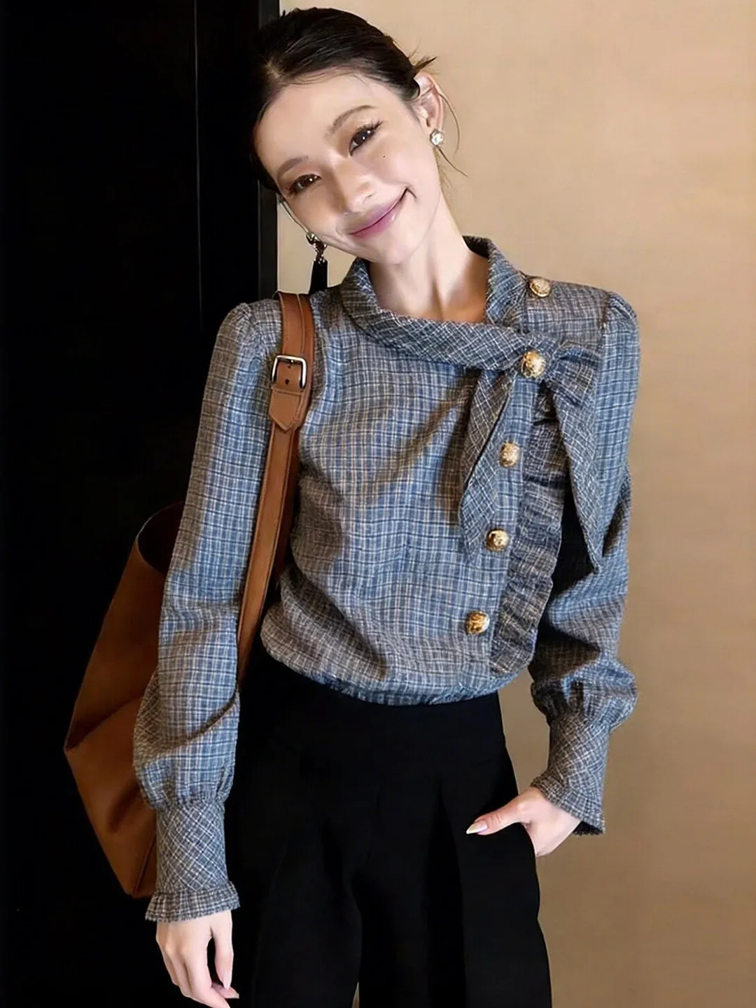 

plus Size Korean Plaid Long Sleeve Shirt Women's Spring New Style Slimming Commute Versatile Beautiful Top for Plump Ladies