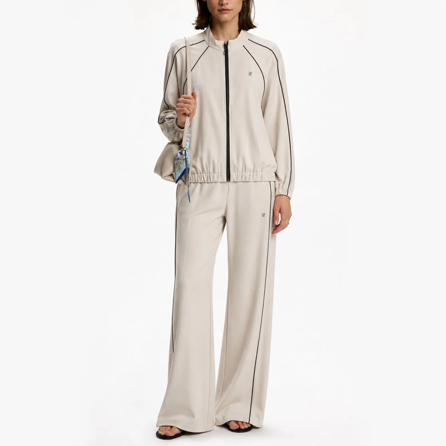 CH Damen Zweiteiliger Trainingsanzug mit Reißverschlussjacke und Weiten Hosen, Lässiger Sportanzug für Frühling und Herbst – Detail 2