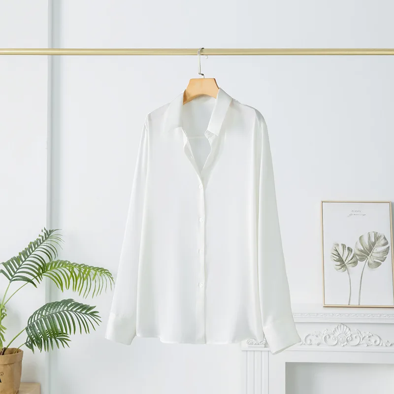 Birdtree, 93 % Maulbeerseide, 7 % Elasthan, solide Bluse, Damen-Revers-Freizeitoberteile, Hemd mit langen Ärmeln, einreihig, 2025 neu T5D622JF