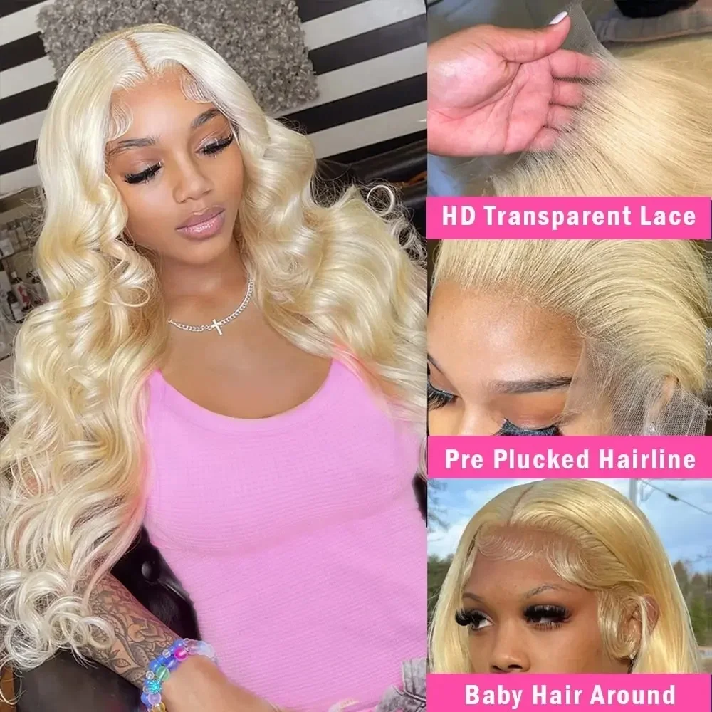 Loira peruca dianteira do laço, cabelo humano, onda do corpo, 13x6 HD Lace Frontal Wig, perucas brasileiras Glueless, 30 Polegada, pré arrancadas com o cabelo do bebê