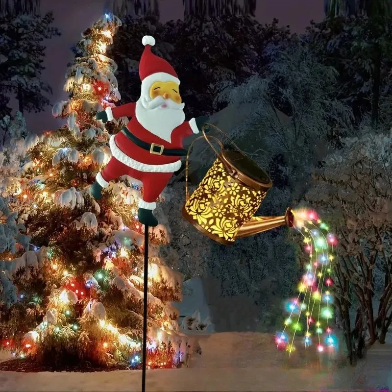 Solar Powered Santa Claus Watering Can Light Hollow Metal Outdoor Lantern for Garden Courtyard Christmas Decoration