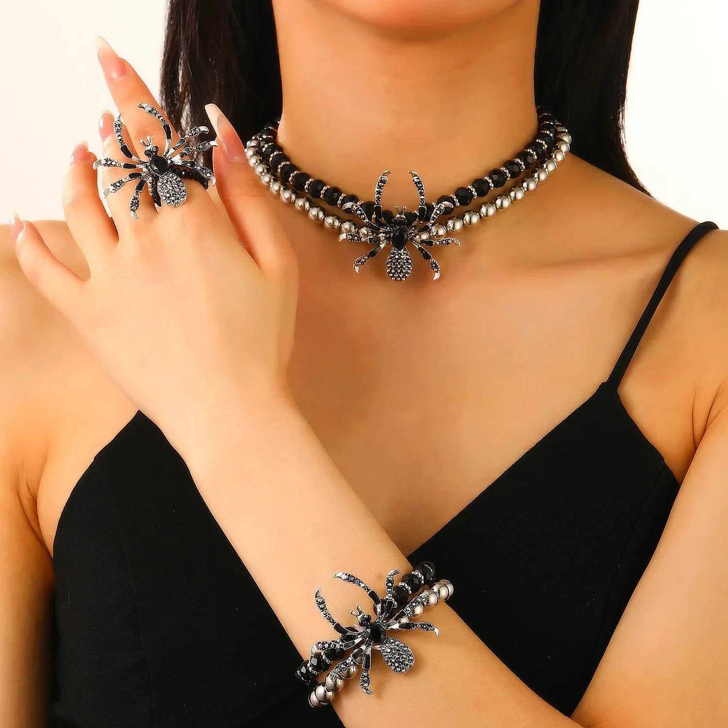 Women's Gothic Dark Spider Necklace Bracelet Ring Set